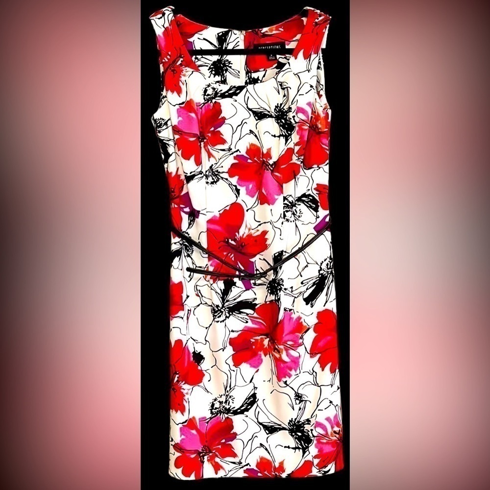 PERCEPTIONS Red/Pink/Black/White Floral Sleeveless Dress w/Belt, Size 6,GUC.